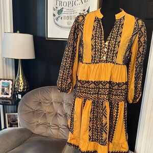 Bohemian Yellow and blue Long Sleeve Dress hippy casual